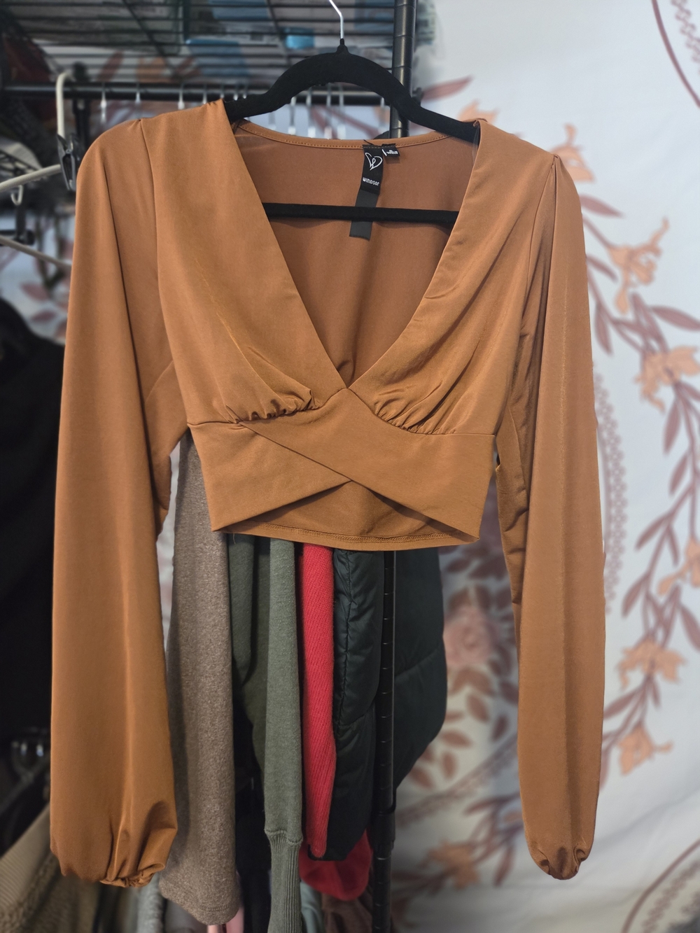 Windsor Rust Wrap-Front Long-Sleeve Crop Top